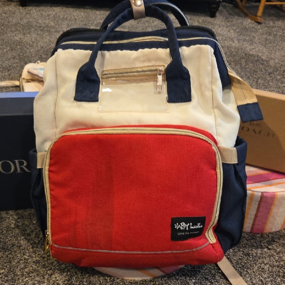 Red and Blue Structured Bag with Color-Blocking Design